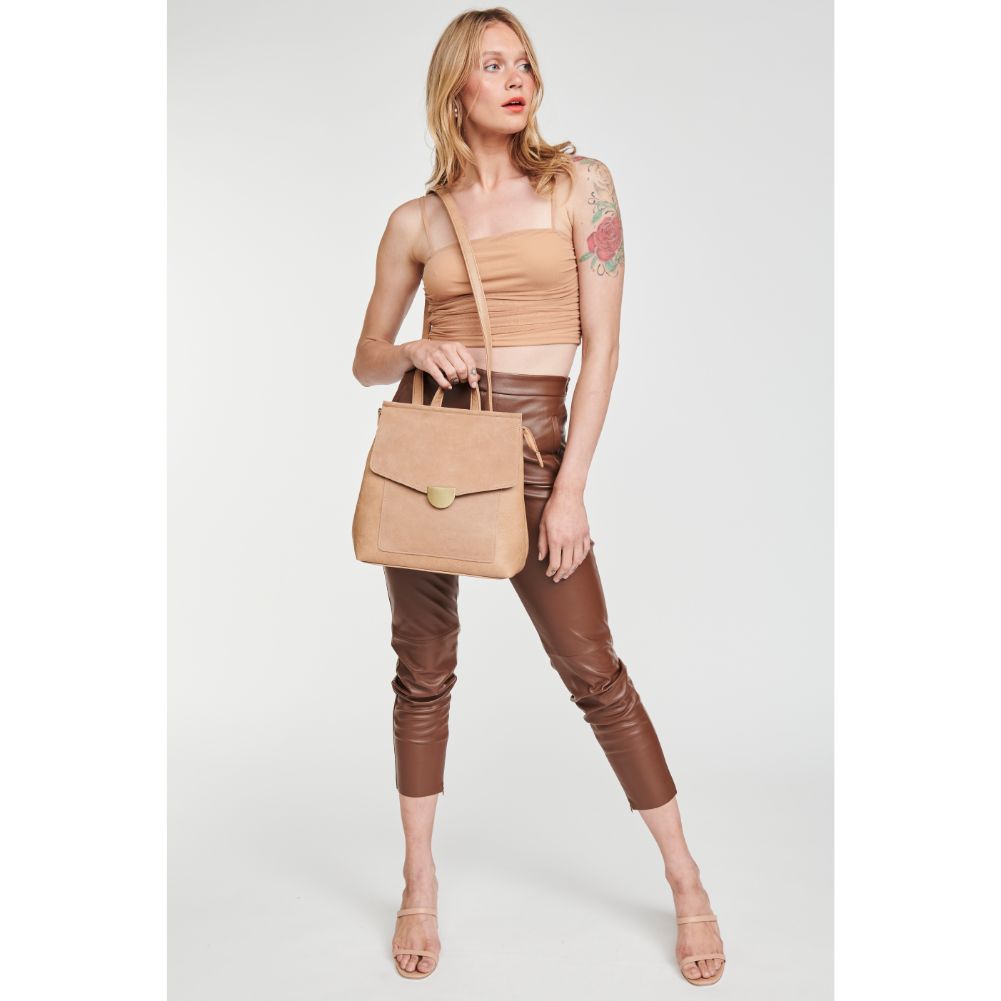 Woman wearing Camel Moda Luxe Lynn Backpack 842017127475 View 4 | Camel