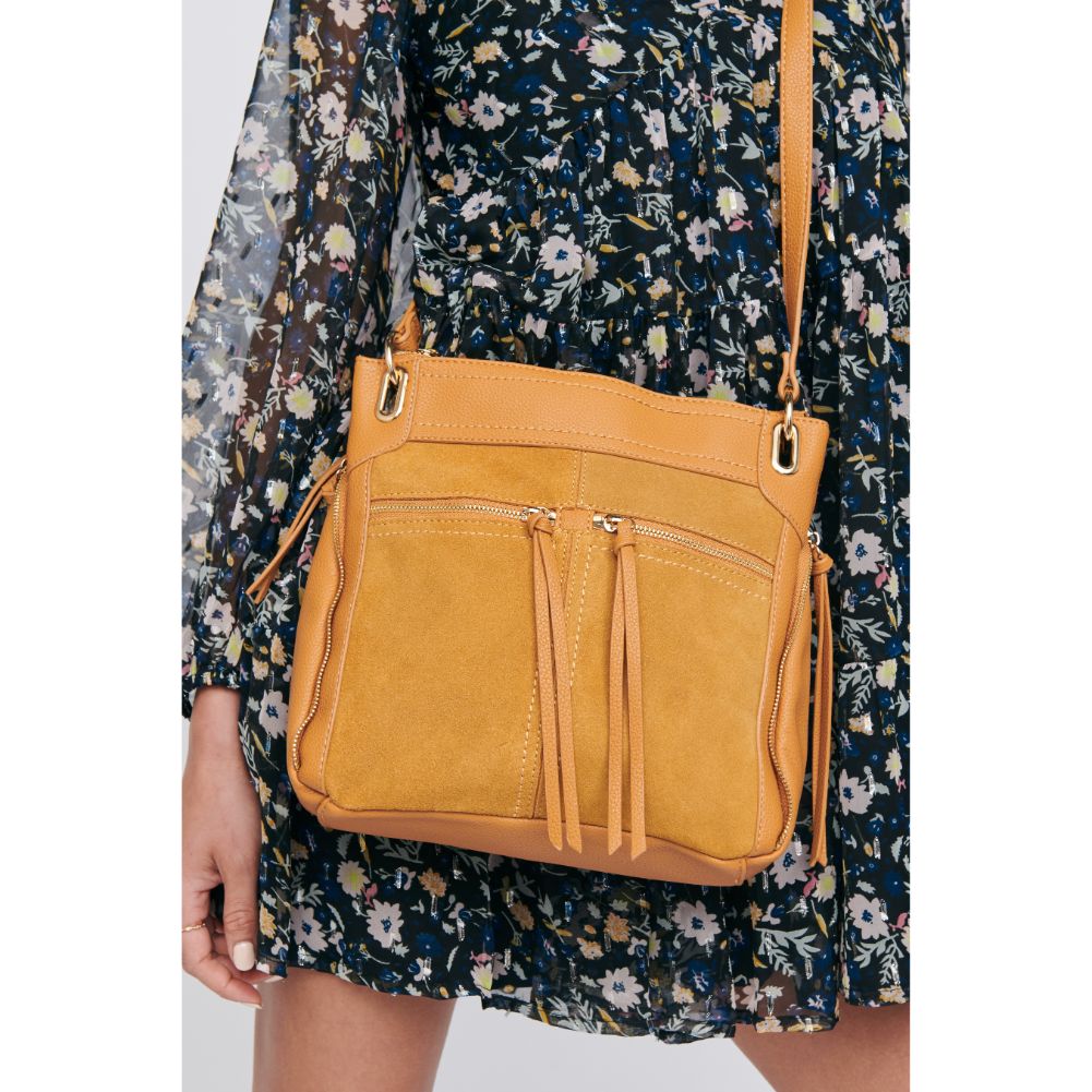 Woman wearing Mustard Moda Luxe Skyler Crossbody 842017121718 View 4 | Mustard