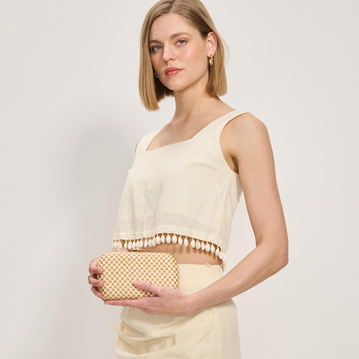 Woman wearing Natural Tan Moda Luxe Roxie Evening Bag 842017138174 View 3 | Natural Tan