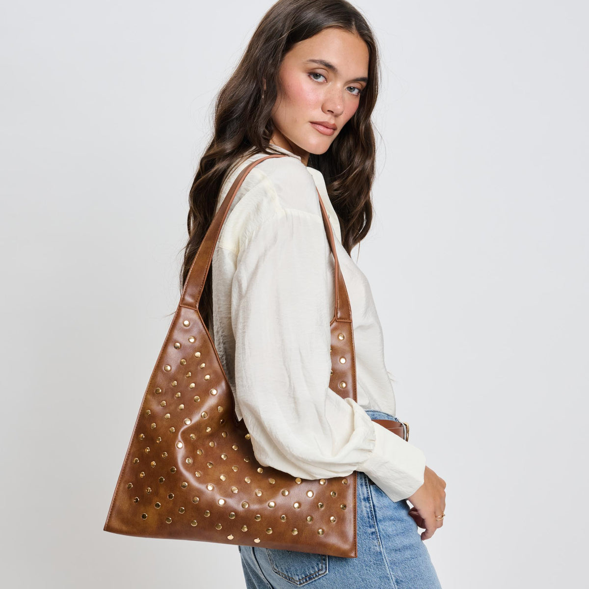 Woman wearing Chocolate Moda Luxe Tori Hobo 842017135968 View 2 | Chocolate