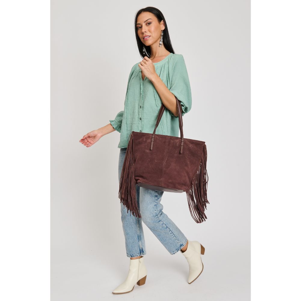 Woman wearing Chocolate Moda Luxe Stevie Tote 842017133186 View 1 | Chocolate