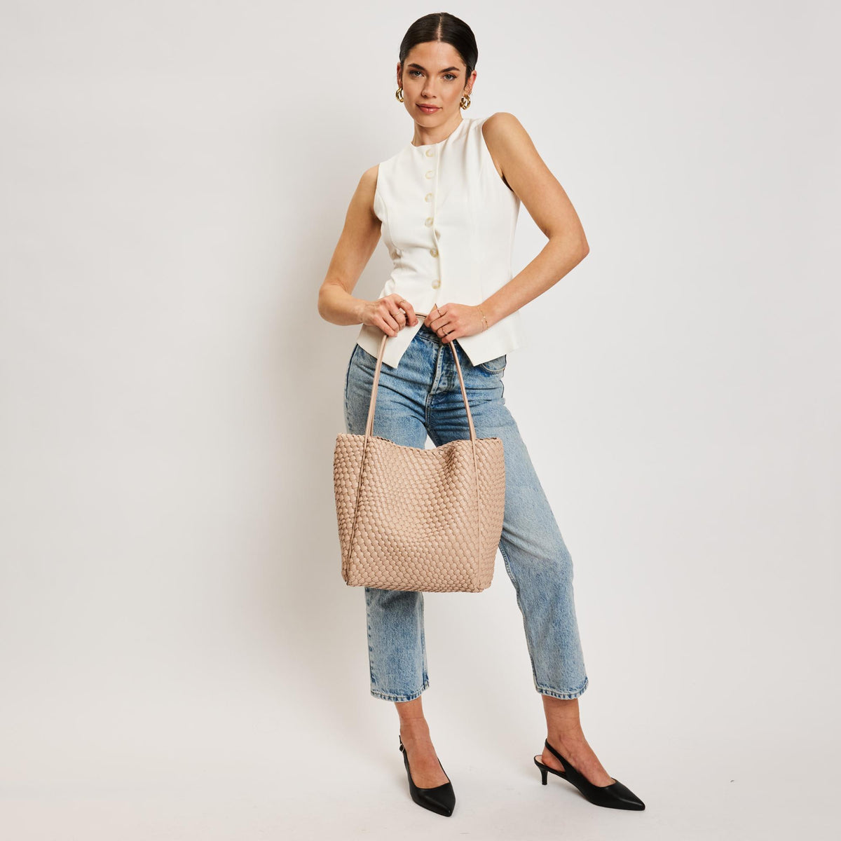 Woman wearing Nude Moda Luxe Gladys Tote 842017137269 View 3 | Nude