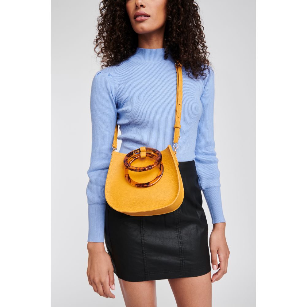 Woman wearing Mustard Moda Luxe Savanah Pebble Crossbody 842017121565 View 1 | Mustard