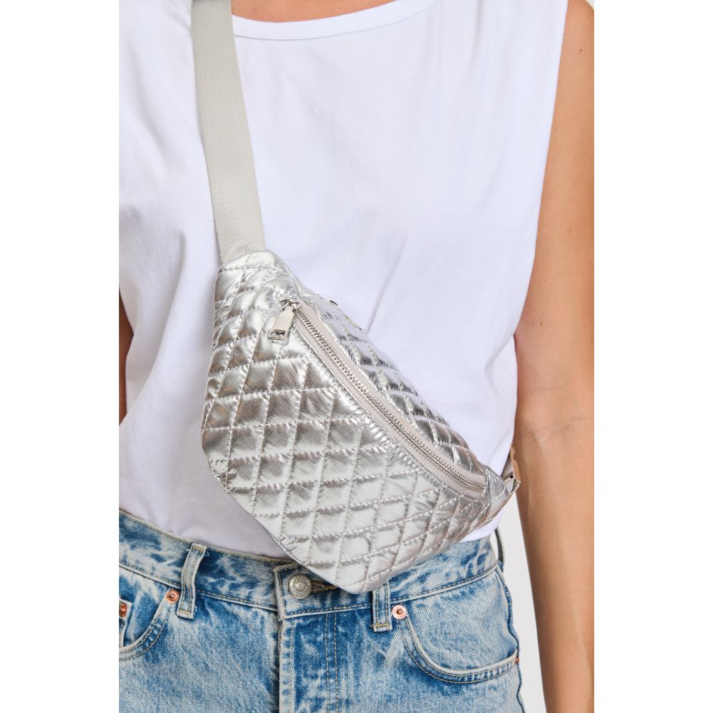 Woman wearing Silver Moda Luxe Ariana Belt Bag 842017133803 View 4 | Silver