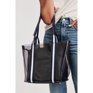 Woman wearing Navy White Moda Luxe Jacelyne Tote 842017124931 View 1 | Navy White