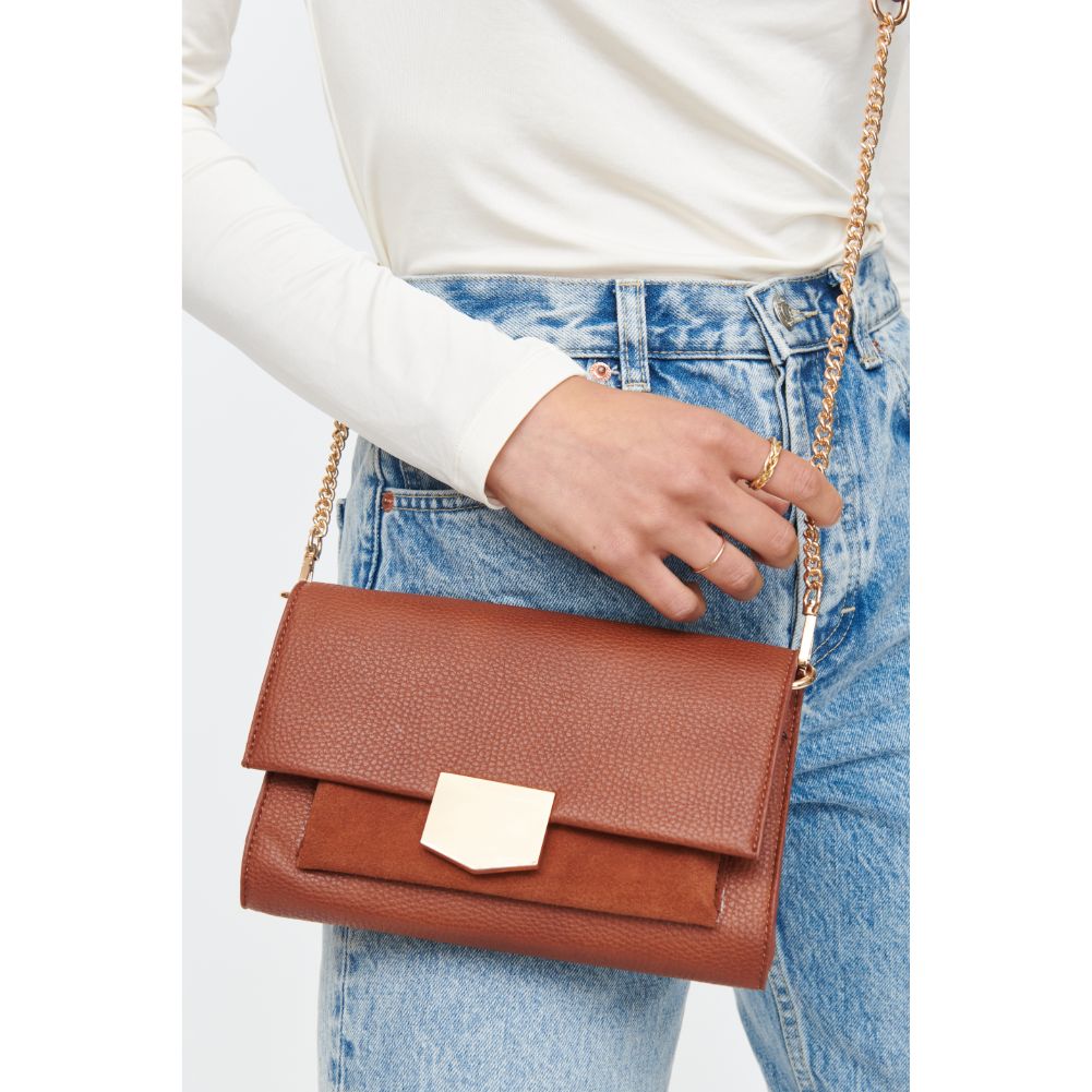 Woman wearing Cognac Moda Luxe Hazel Crossbody 842017130819 View 1 | Cognac