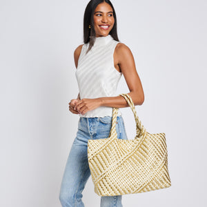 Woman wearing Gold Ivory Moda Luxe Solana - Mixed Material Tote 842017136873 View 1 | Gold Ivory