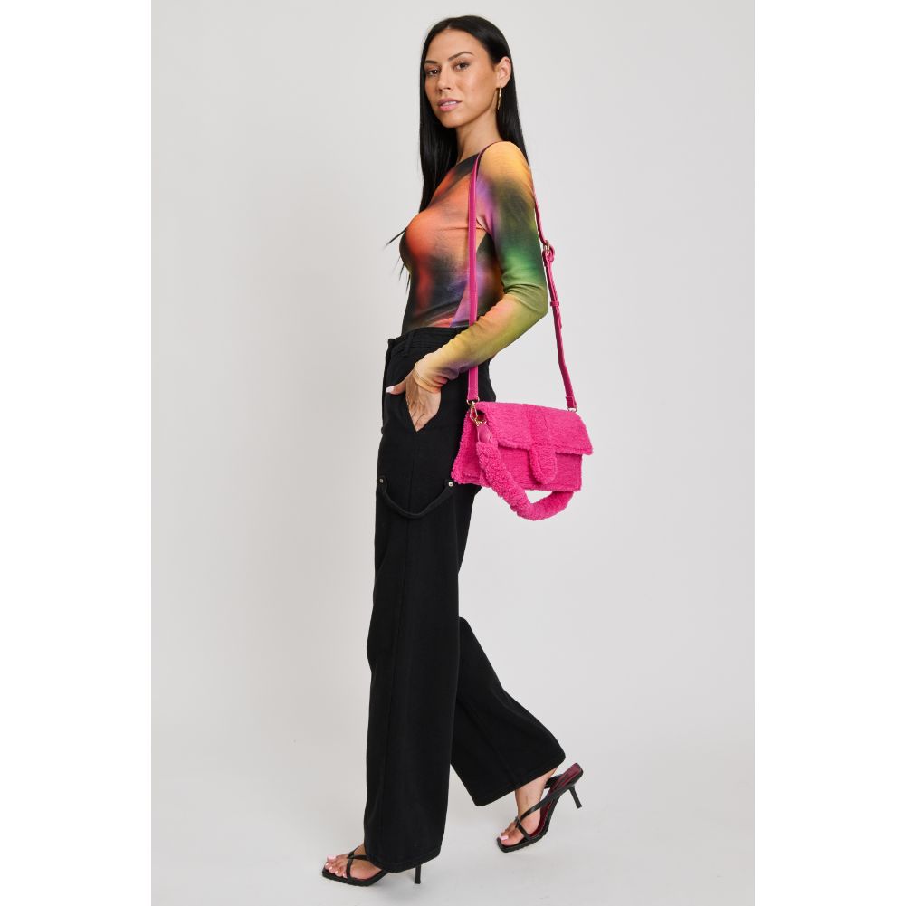 Woman wearing Hot Pink Moda Luxe Fergie Crossbody 842017133704 View 4 | Hot Pink