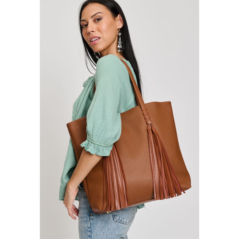 Woman wearing Tan Moda Luxe Shakira Tote 842017133643 View 1 | Tan