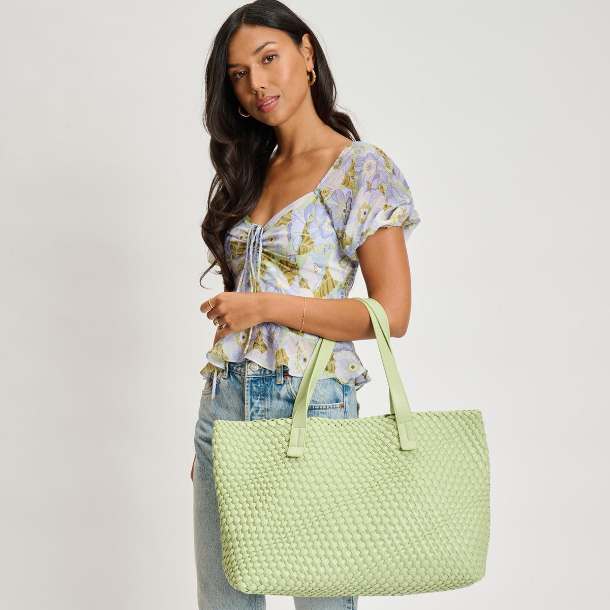 Woman wearing Pistachio Moda Luxe Piquant Tote 842017135616 View 2 | Pistachio