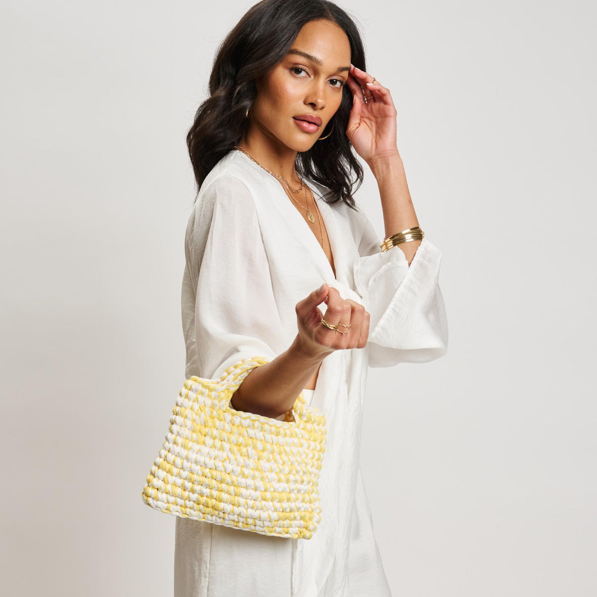 Woman wearing Butter Moda Luxe Nya Tote 842017138433 View 2 | Butter