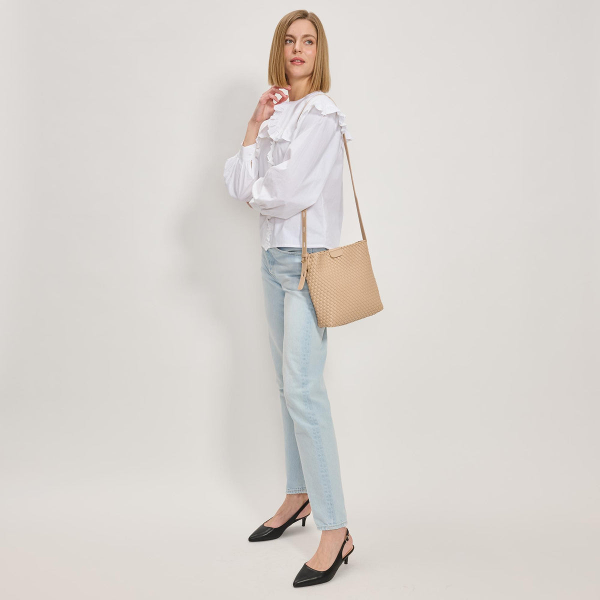 Woman wearing Natural Moda Luxe Isadora Bucket 842017137368 View 3 | Natural