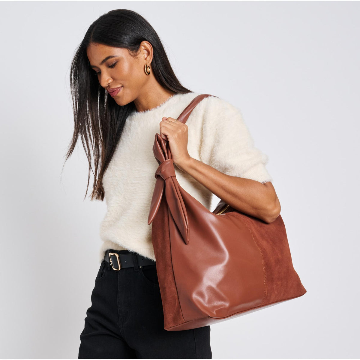 Woman wearing Chocolate Moda Luxe Hazel Hobo 842017137115 View 1 | Chocolate