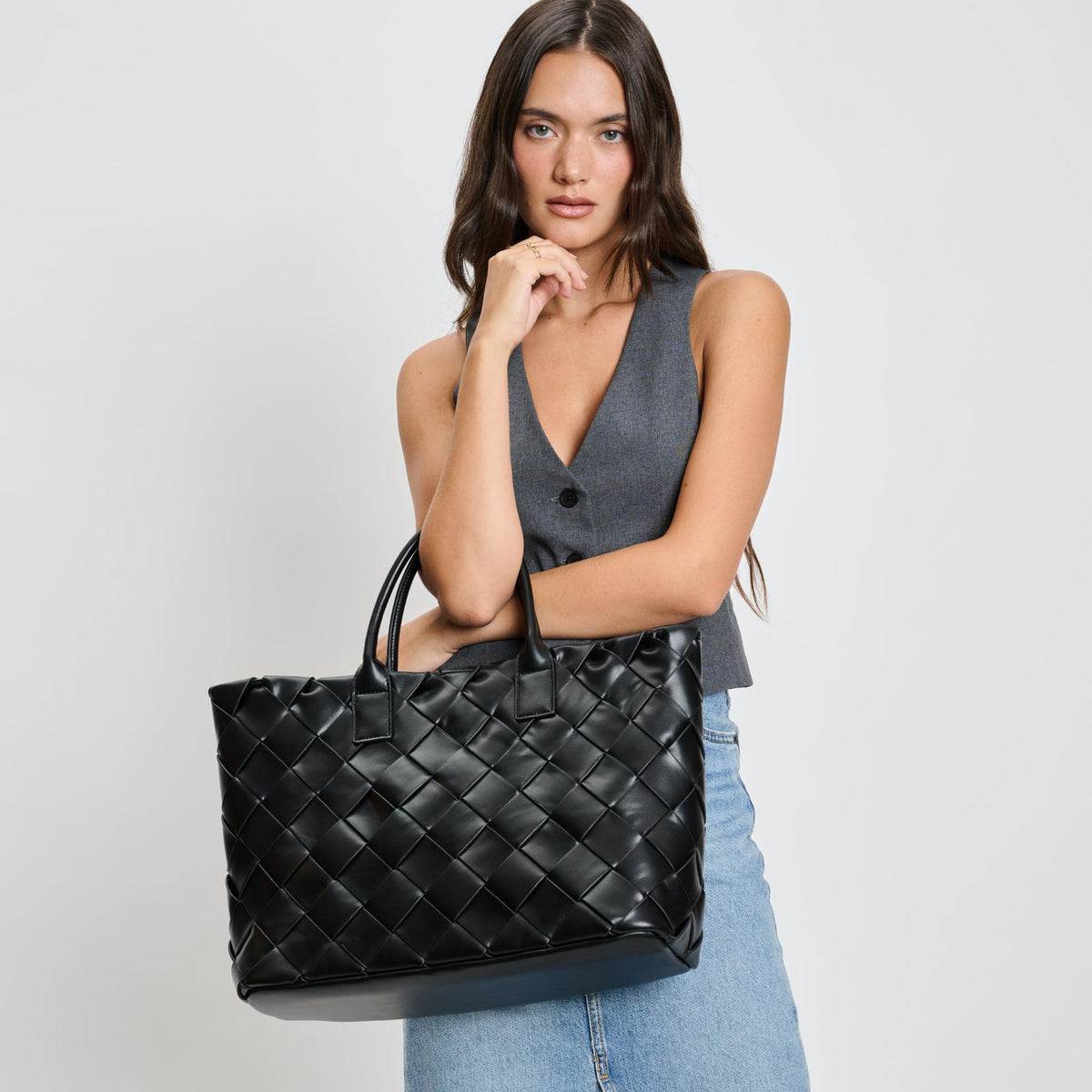 Woman wearing Black Moda Luxe Adeline Tote 842017135807 View 1 | Black