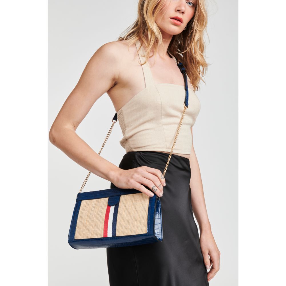 Woman wearing Navy Moda Luxe Jax Crossbody 842017124429 View 1 | Navy