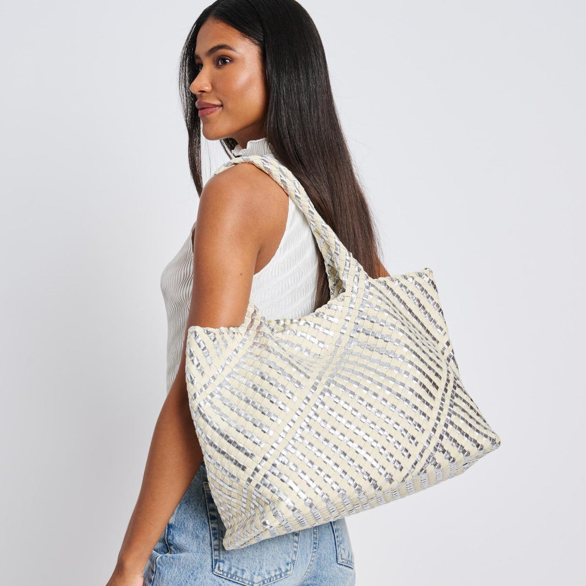 Woman wearing Silver Ivory Moda Luxe Solana - Mixed Material Tote 842017136866 View 2 | Silver Ivory