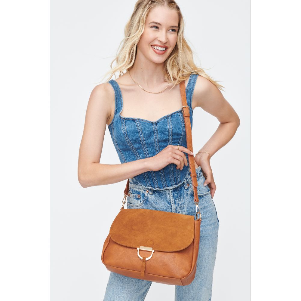 Woman wearing Cognac Moda Luxe Zoe Crossbody 842017130772 View 1 | Cognac