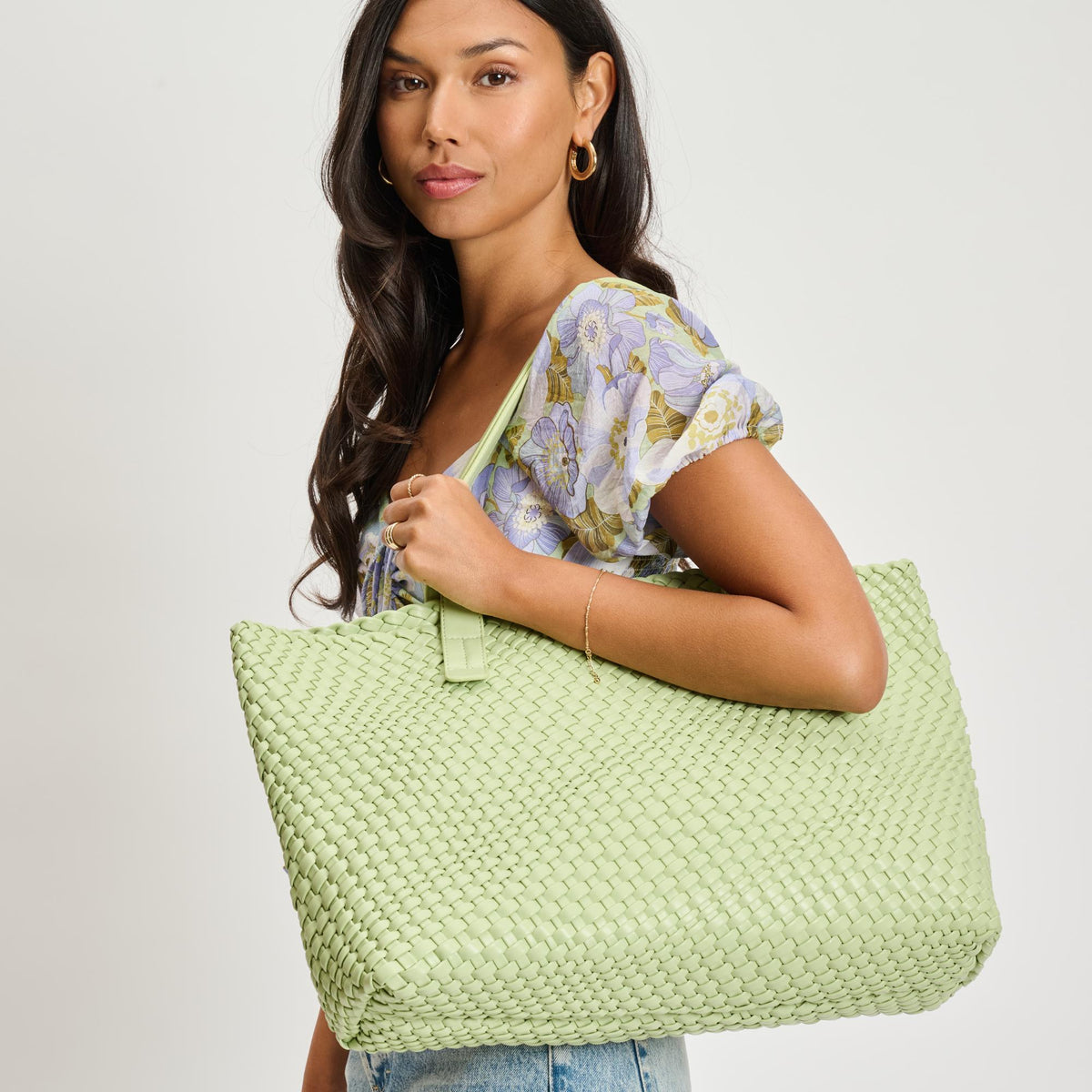 Woman wearing Pistachio Moda Luxe Piquant Tote 842017135616 View 1 | Pistachio