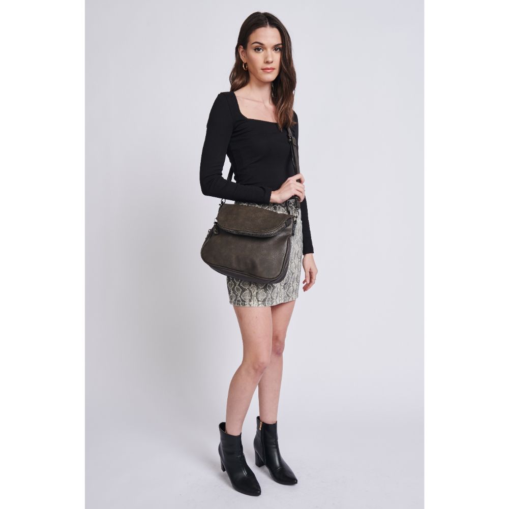 Woman wearing Charcoal Moda Luxe Dandelion Crossbody 819248012382 View 3 | Charcoal