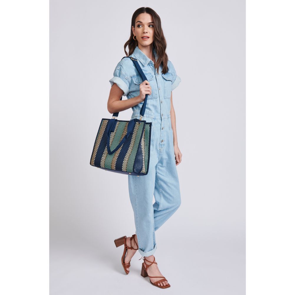 Woman wearing Navy Moda Luxe Elsa Tote 842017129691 View 4 | Navy