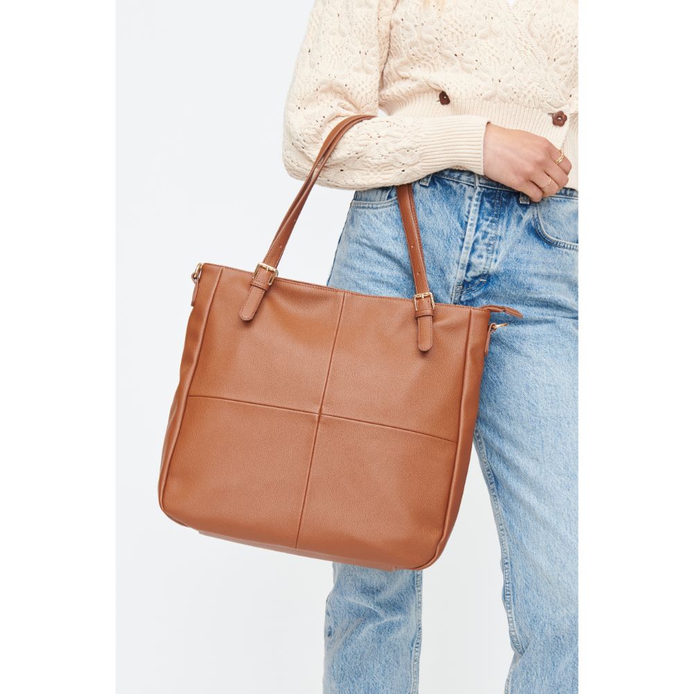 Woman wearing Cognac Moda Luxe Willow Tote 842017130642 View 4 | Cognac