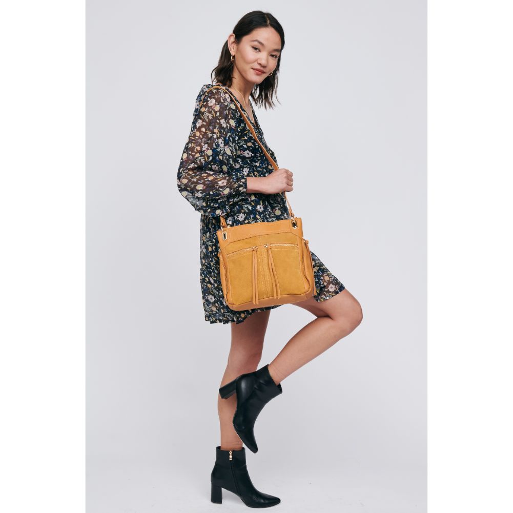 Woman wearing Mustard Moda Luxe Skyler Crossbody 842017121718 View 3 | Mustard