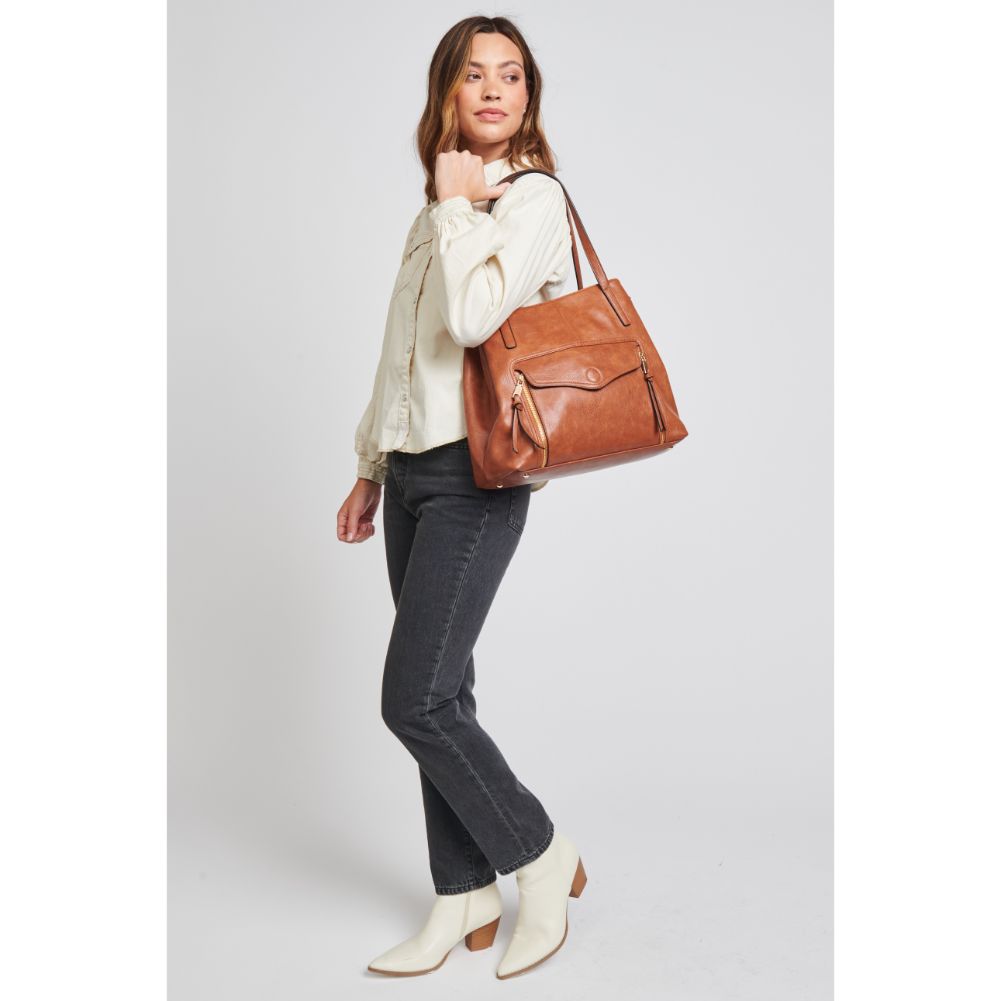 Woman wearing Tan Moda Luxe Elmora Tote 842017130956 View 2 | Tan