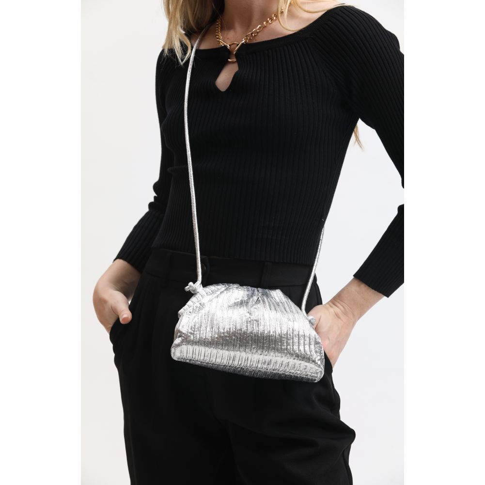 Woman wearing Silver Moda Luxe Laila Crossbody 842017134145 View 4 | Silver