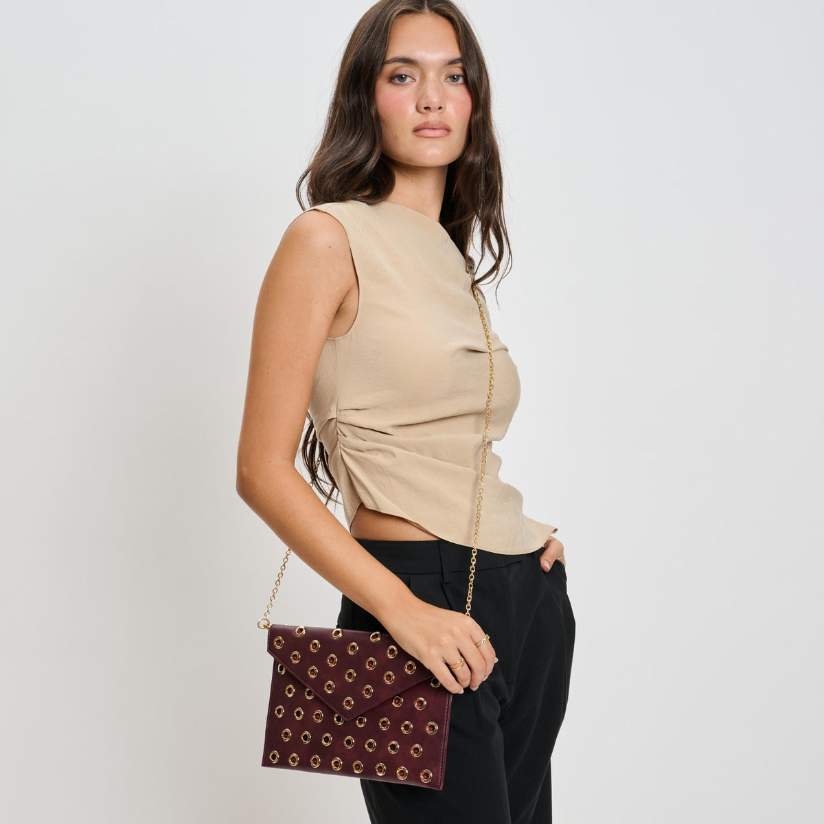 Woman wearing Burgundy Moda Luxe Ramona Crossbody 842017136682 View 2 | Burgundy