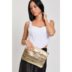 Woman wearing Gold Moda Luxe Gianna Crossbody 842017133148 View 1 | Gold