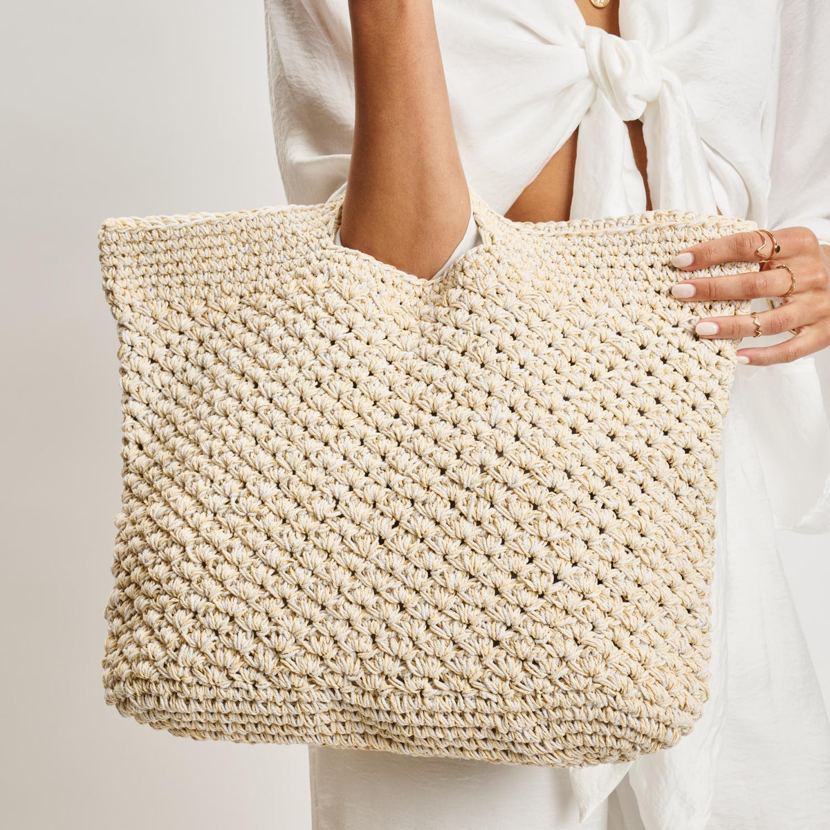 Woman wearing Natural Moda Luxe Marisol Tote 842017137771 View 4 | Natural