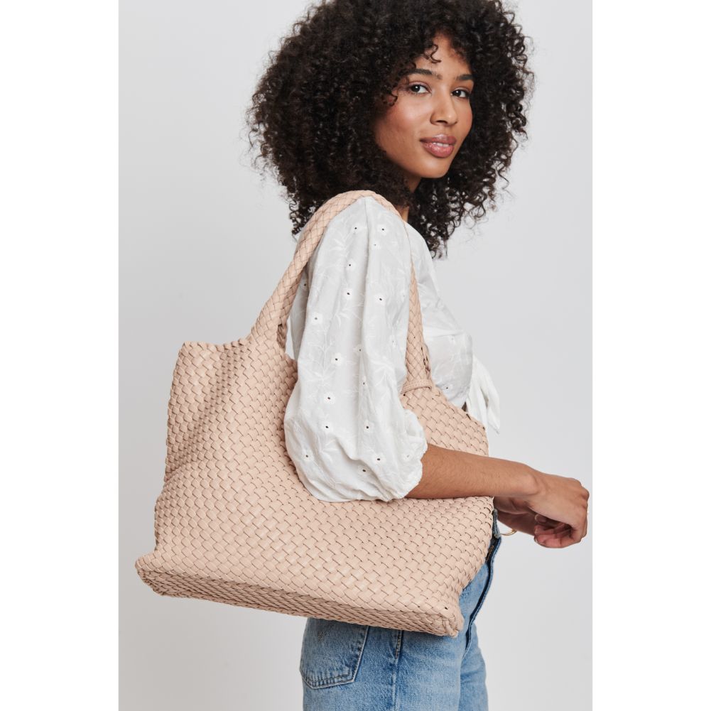 Woman wearing Natural Moda Luxe Solana Tote 842017132165 View 1 | Natural