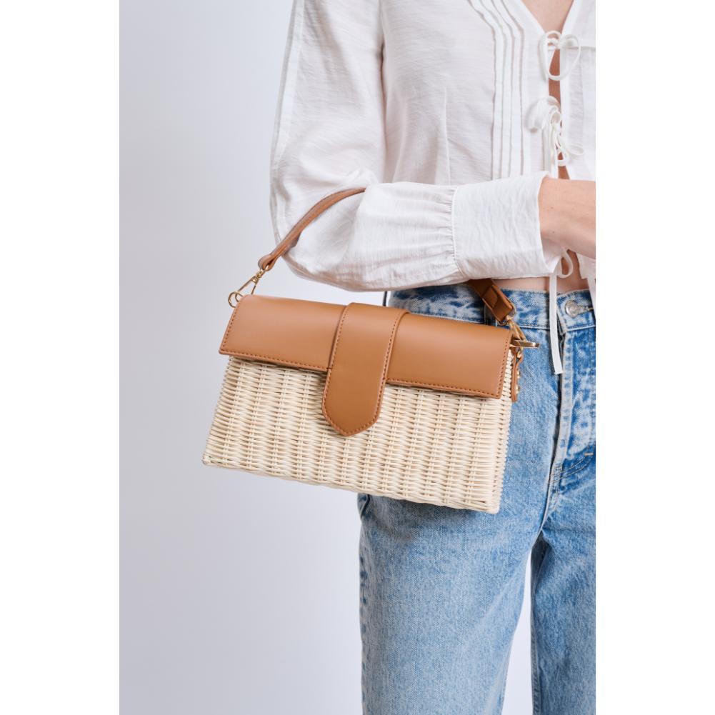 Woman wearing Tan Moda Luxe Swanki Crossbody 842017135210 View 1 | Tan