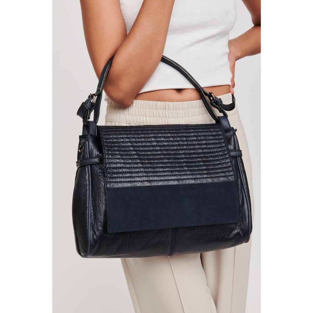 Woman wearing Navy Moda Luxe Lucy Messenger 842017117476 View 2 | Navy