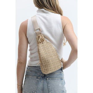 Woman wearing Natural Moda Luxe Regina Sling Backpack 842017133353 View 3 | Natural