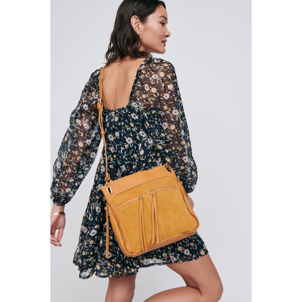 Woman wearing Mustard Moda Luxe Skyler Crossbody 842017121718 View 2 | Mustard