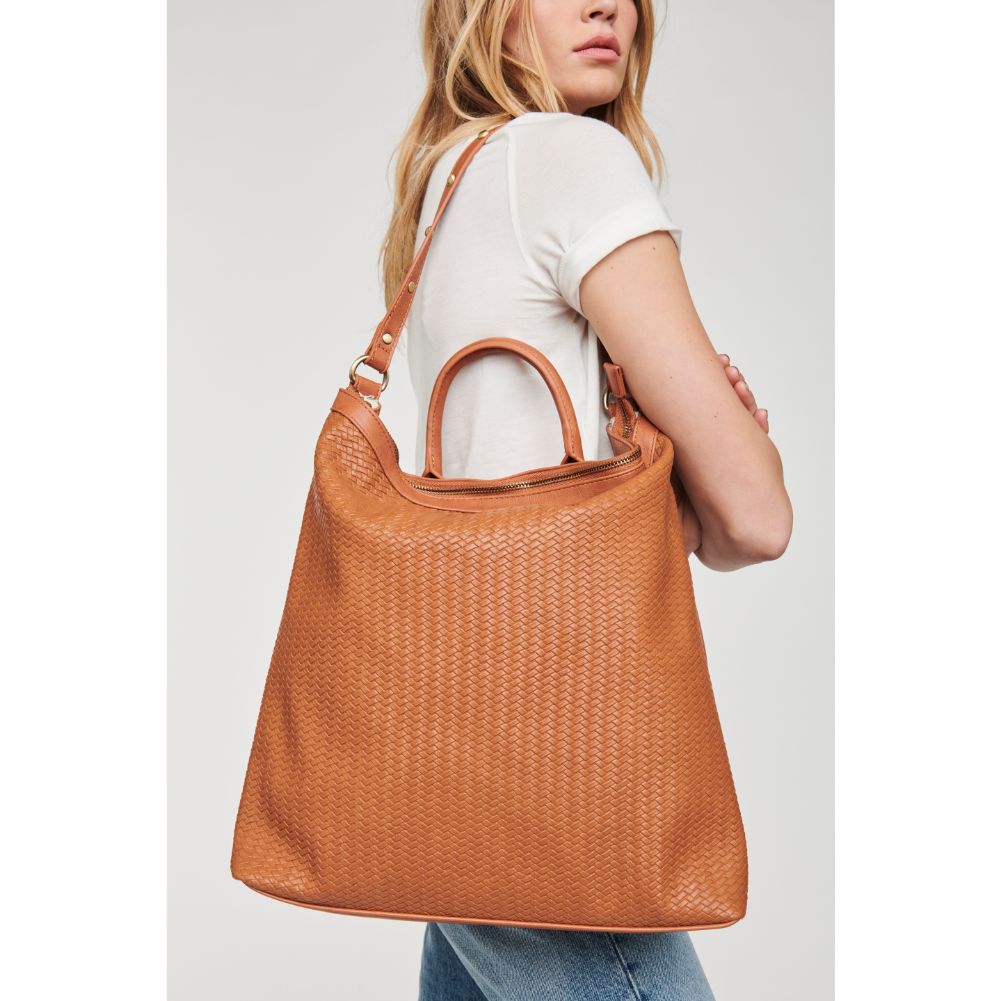 Woman wearing Tan Moda Luxe Belle Tote 842017126850 View 1 | Tan