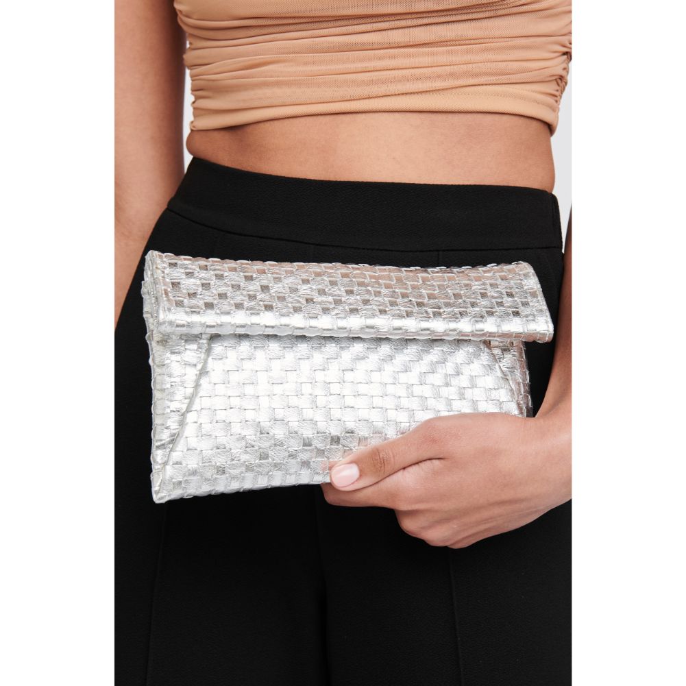 Woman wearing Silver Moda Luxe Audrey Clutch 842017118138 View 1 | Silver