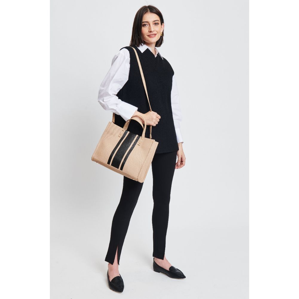 Woman wearing Natural Moda Luxe Zaria Tote 842017131557 View 2 | Natural