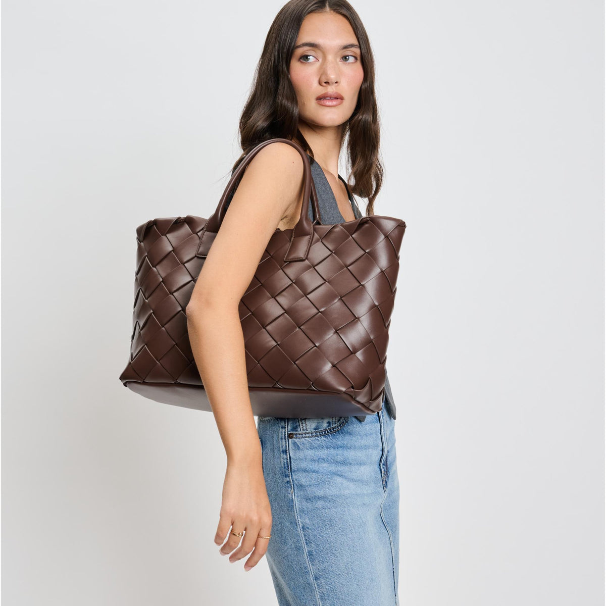 Woman wearing Espresso Moda Luxe Adeline Tote 842017135814 View 3 | Espresso