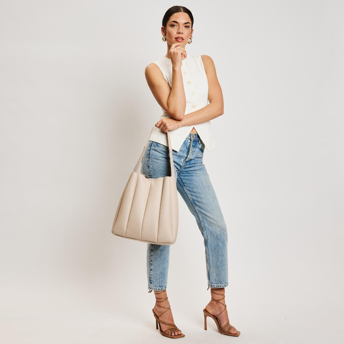 Woman wearing Oatmeal Moda Luxe Zelda Hobo 842017138365 View 3 | Oatmeal