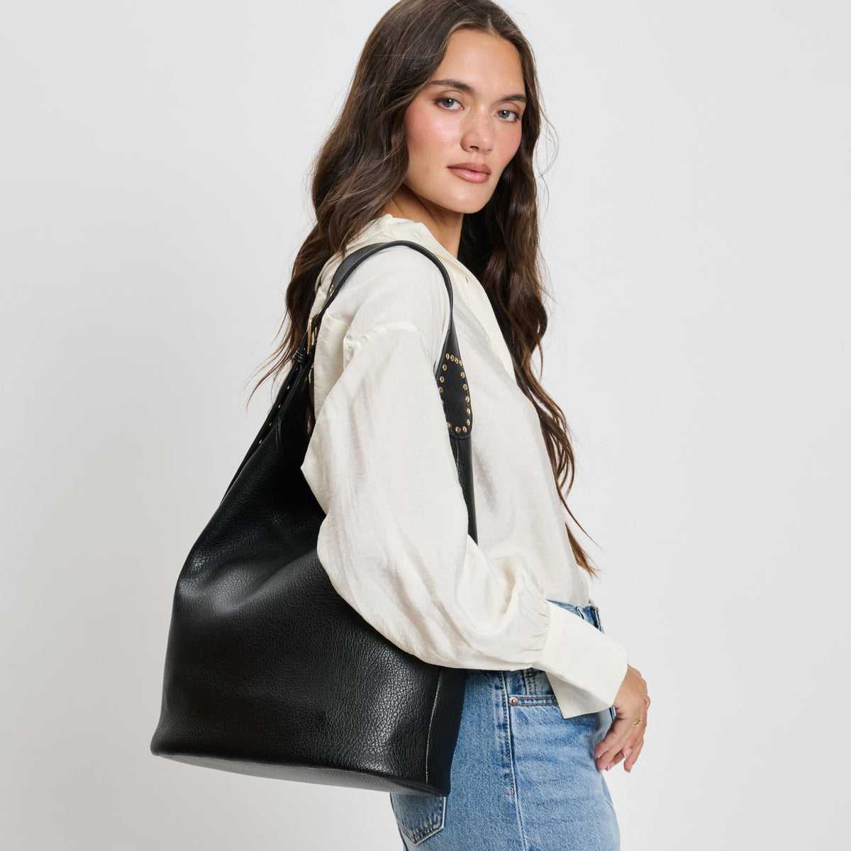 Woman wearing Black Moda Luxe Jacqueline Hobo 842017136972 View 2 | Black