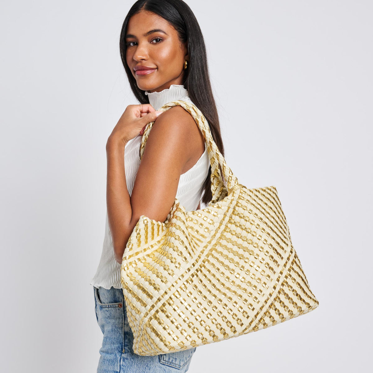 Woman wearing Gold Ivory Moda Luxe Solana - Mixed Material Tote 842017136873 View 2 | Gold Ivory