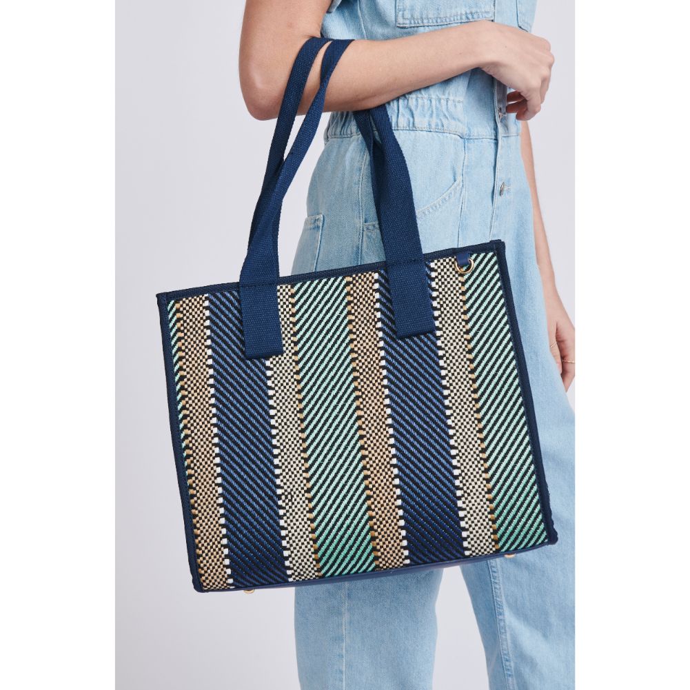 Woman wearing Navy Moda Luxe Elsa Tote 842017129691 View 2 | Navy