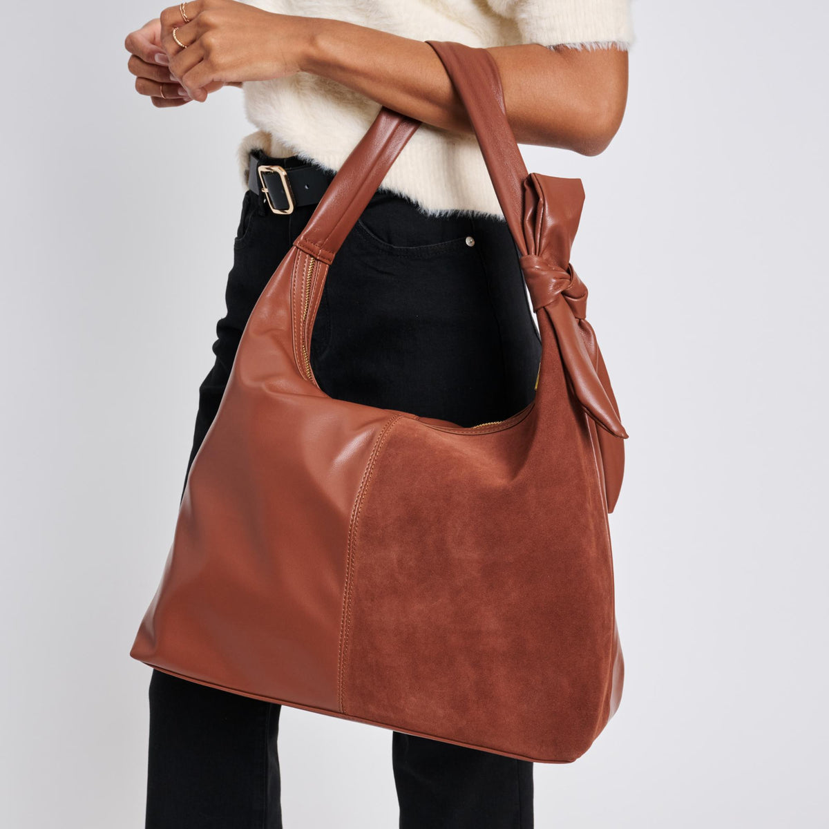 Woman wearing Chocolate Moda Luxe Hazel Hobo 842017137115 View 4 | Chocolate