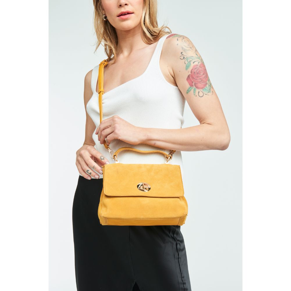 Woman wearing Mustard Moda Luxe Annie Crossbody 842017123606 View 3 | Mustard