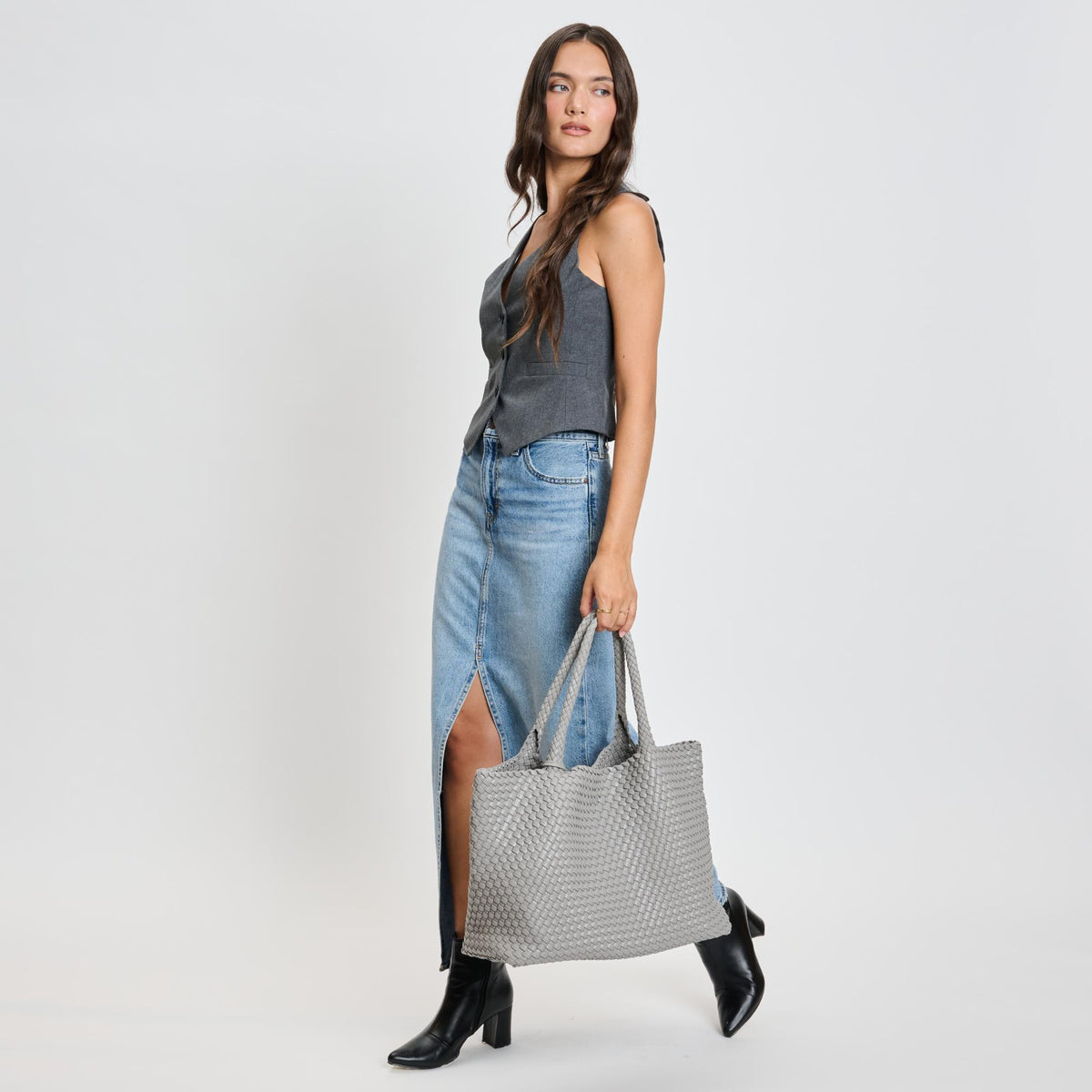 Woman wearing Grey Moda Luxe Solana Tote 842017135753 View 4 | Grey