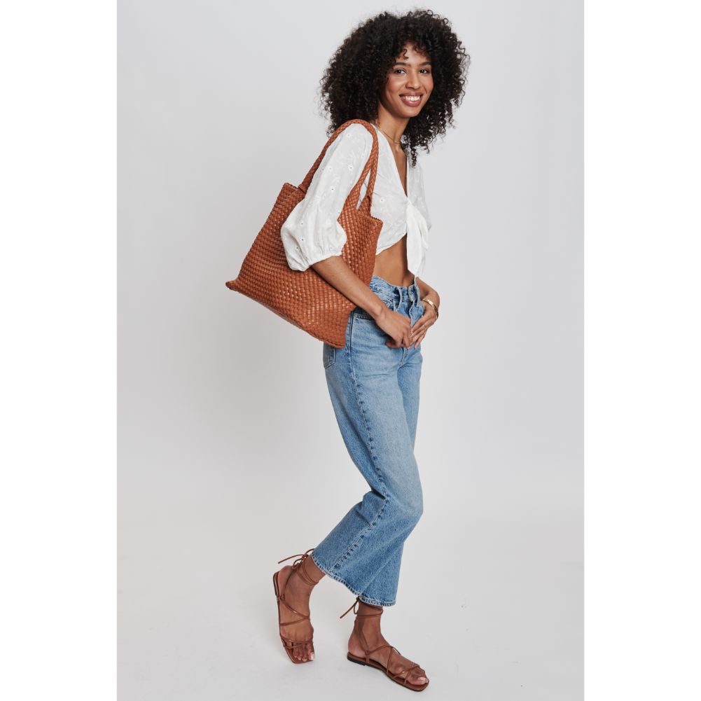 Woman wearing Tan Moda Luxe Solana Tote 842017132172 View 3 | Tan