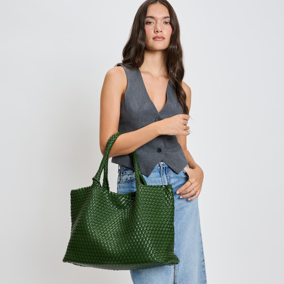 Woman wearing Forest Moda Luxe Solana Tote 842017135746 View 2 | Forest