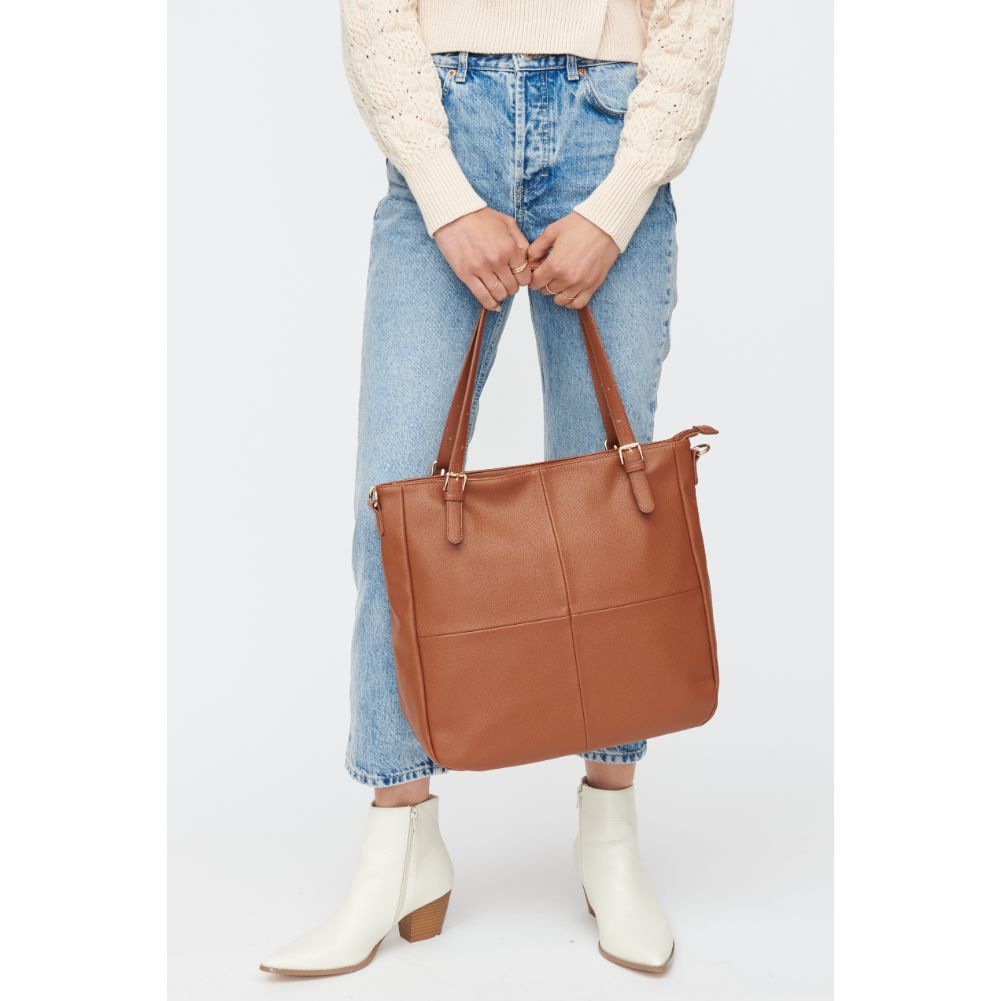 Woman wearing Cognac Moda Luxe Willow Tote 842017130642 View 2 | Cognac